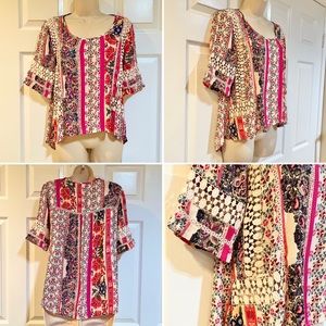 Patrons of Peace-BOHO High Lo Floral Stripe Top w/Crochet Lace Insets-Sz M